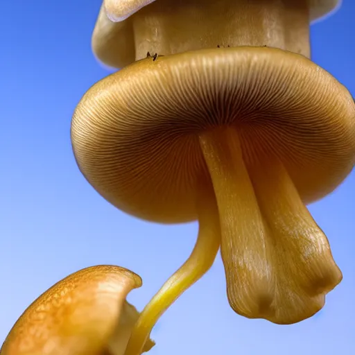 Image similar to golden teacher mushroom in backlighting to dropping spores, unreal engine, closeup