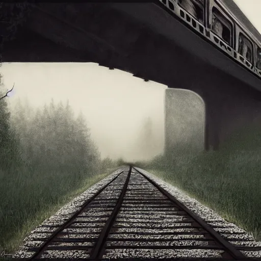 Image similar to an old train under the bridge by Aron Wiesenfeld and beksincki, cinematic, detailed illustration, nature, fog, dark colors, suspense, intricate, 8k