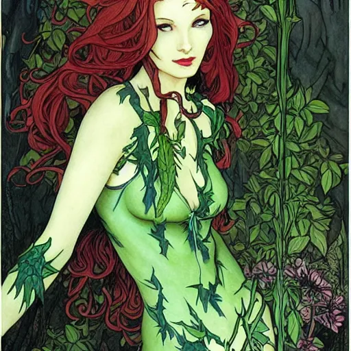 Image similar to a beautiful picture of doctor poison ivy professor of botany holding office hours, academic clothing, dark eyeliner, intricate, elegant, highly detailed, digital painting, artstation, concept art, matte, sharp focus, illustration, art by rebecca guay and by arthur rackham and by alphonse mucha and by john william waterhouse