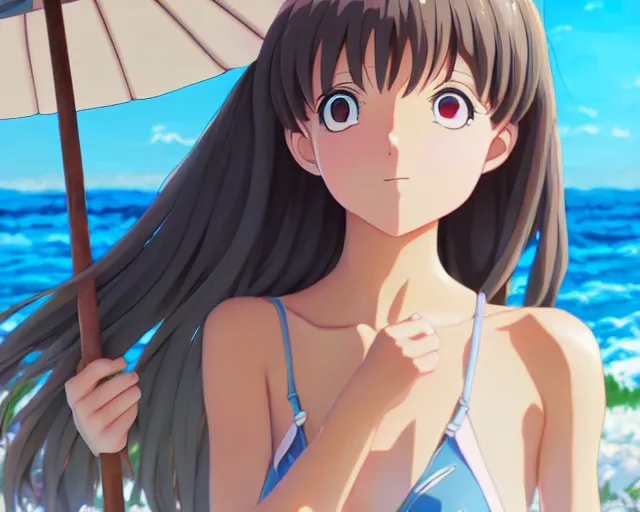 Image similar to anime fine details portrait of joyful girl at beach anime masterpiece by Studio Ghibli. 8k render, sharp high quality anime illustration in style of Ghibli, artstation