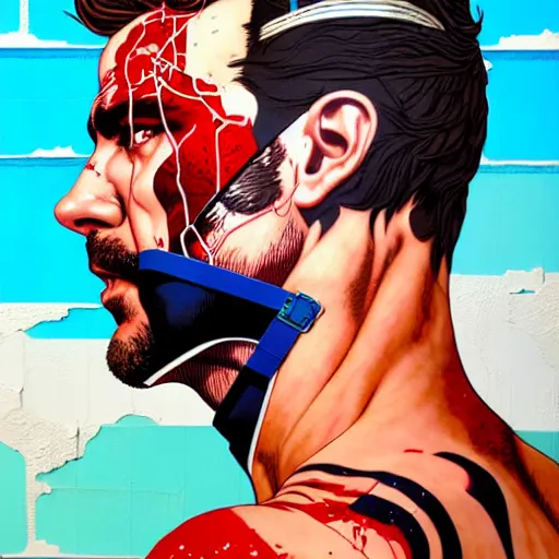 Prompt: a portrait of a back man with side profile blood in ocean intricate details :: side profile :: oxygen mask by MARVEL comics and Sandra Chevrier