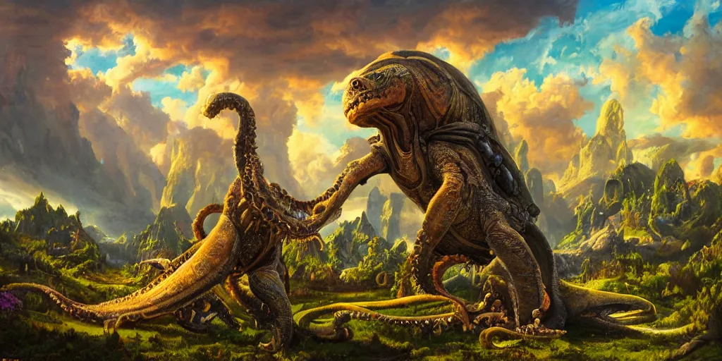 Image similar to fantasy oil painting, great leviathan, cybernetic turtle cephalopod terrapin reptilian pachyderm squid, bella hadid, hybrid, milla jovovich, anubis, epic natural light, lush plants flowers, spectacular mountains, bright clouds, luminous sky, outer worlds, golden hour, michael cheval, edward hopper, michael whelan, vray, hd