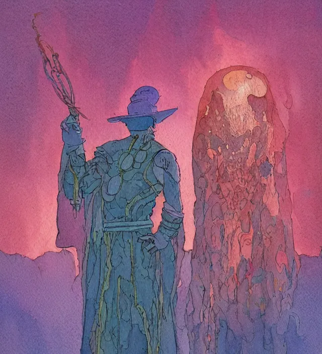 Image similar to a 3 / 4 view watercolor ink painting of an android shaman / wizard casting a spell in the style of jean giraud in the style of moebius trending on artstation deviantart pinterest detailed realistic hd 8 k high resolution