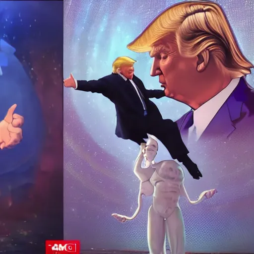 Image similar to Donald Trump and Vladimir Putin dancing to hip hop music by H.P. Lovecraft and abaddon and magali villeneuve and ghibli and moebius and Alphonse Mucha and Takashi Murakami, 8k, epic scene, scifi, unreal engine, trending on cg station. masterpiece.