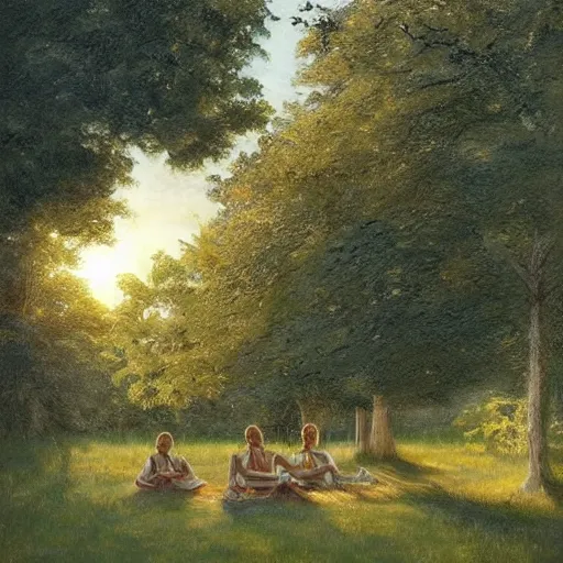 Image similar to Drawing. Conceptual art, the warm, golden light of the sun casts a beautiful glow on the scene, and the gentle breeze ruffles the leaves of the trees. The figures in the conceptual art are engaged in a simple activity, the way they are positioned and the expressions on their faces suggest a deep connection. Peace and contentment, idyllic setting. by Marc Simonetti, by Igor Zenin frightful