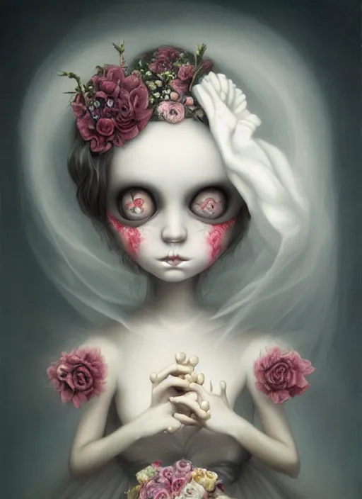 Prompt: pop surrealism, lowbrow art, realistic cute bride pale ghost girl painting, hyper realism, muted colours, rococo, natalie shau, loreta lux, tom bagshaw, mark ryden, trevor brown style,