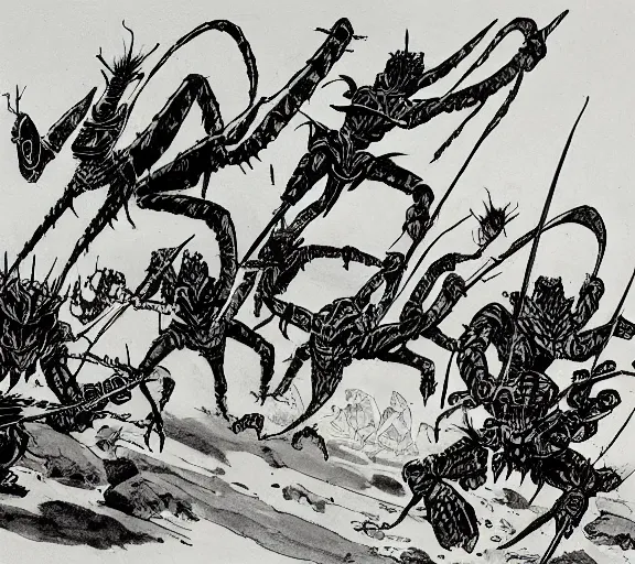 Prompt: four adventurers are chased by a group of mantis men, pen and ink, by frank Frazetta