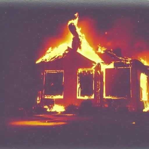 Prompt: Polaroid photo of a burning building at night in Texas