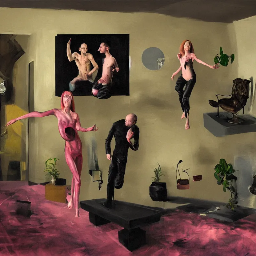 Image similar to Realistic image of a man and woman start to bounce in a living room of a house, floating dark energy surrounds the middle of the room. There is one living room plant to the side of the room, surrounded by a background of dark cyber mystic alchemical transmutation heavenless realm, by francis bacon and Jenny seville, midnight hour, part by adrian ghenie, part by jeffrey smith, part by josan gonzales, part by norman rockwell, part by phil hale, part by kim dorland, artstation, highly detailed