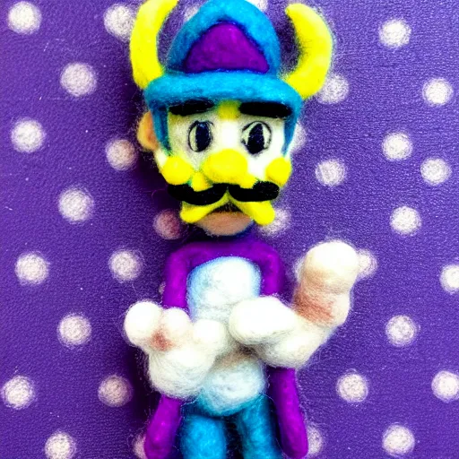 Image similar to a needle felted waluigi, needle felting art.