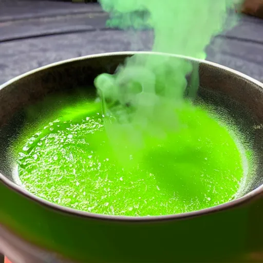 Image similar to brewing violent bubbling green fluid soup, green steam rising from soup