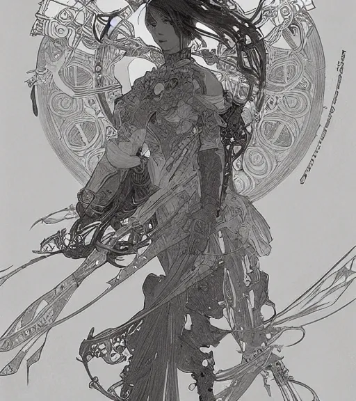 Image similar to alphonse mucha painting of anime woman in armor, pen and ink, intricate line drawings, by craig mullins, ruan jia, kentaro miura, greg rutkowski, loundraw