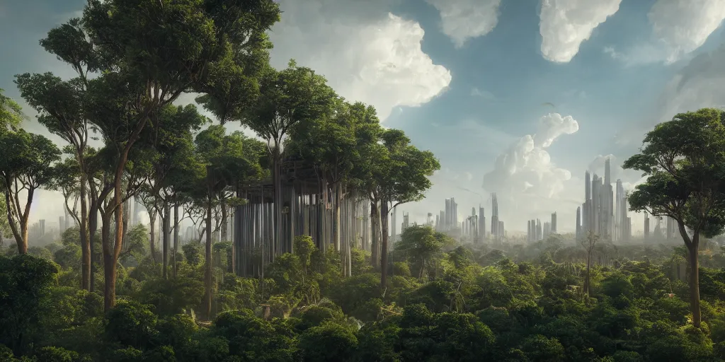 Prompt: diversely grown forest with a single building based on the architecture of ricardo bofill with an urban megacity in the distance, sci - fi, light blue sky with clouds, dramatic matte painting, style by thomas cole, 8 k, octane render, photorealistic, hyperrealism