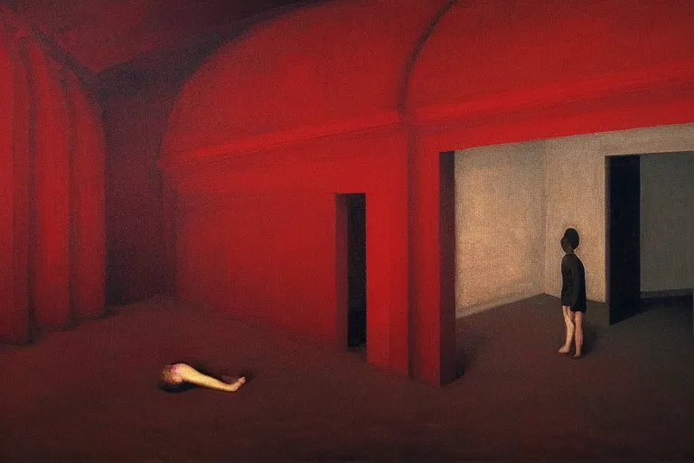 Image similar to only with red, crowd screaming, an exposed painting in a roman theater, in the style of beksinski, parts by edward hopper, parts by rodcenko, parts by yue minjun, intricate and epic composition, red by caravaggio, insanely quality, highly detailed, masterpiece, red light, artstation, 4 k