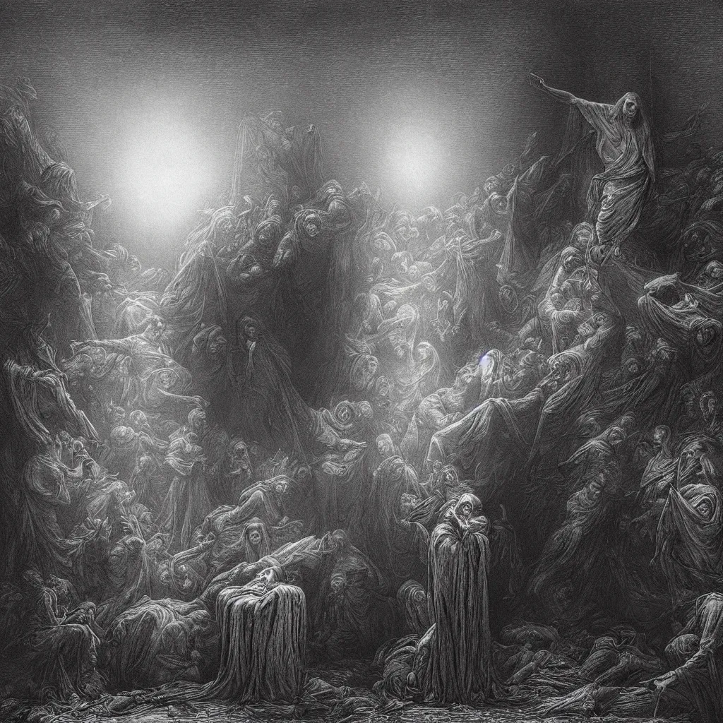 Image similar to the resurrection, creepy atmosphere, dark, portrait, realistic, very realistic, illustration by gustave dore