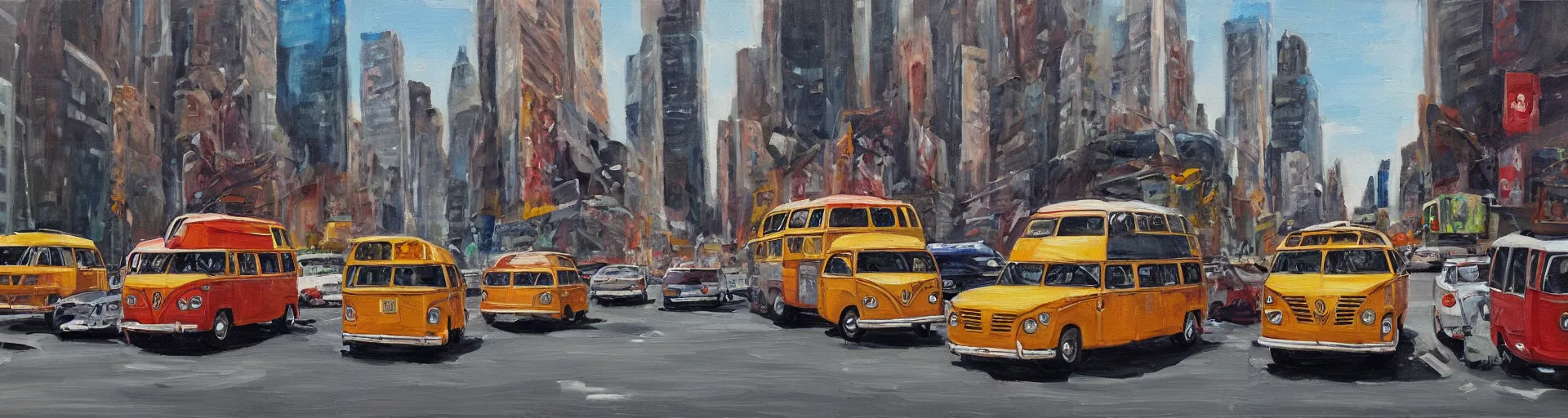 Prompt: a detailed oil painting of vw buses in new york city