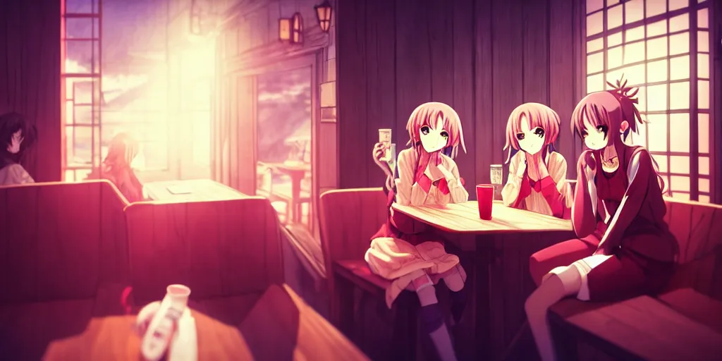 Prompt: anime girls sitting and drinking in a cozy bar, volumetric lighting, symmetrical face, detailed face, hyper real, pencil art, moody lighting, cute, comfy, warm colors, intricate detail, detailed furniture