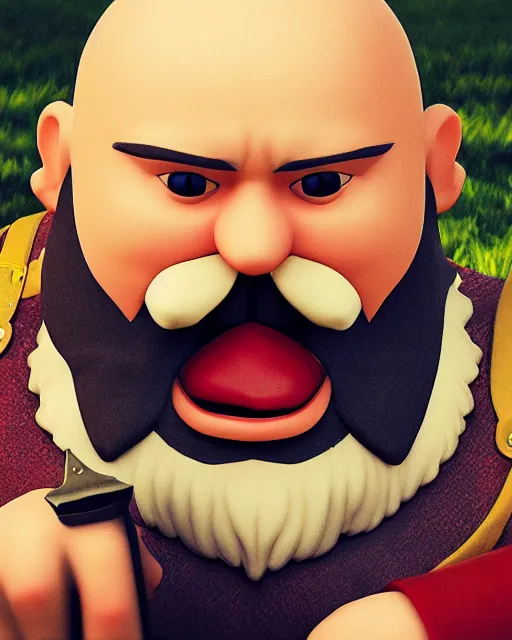 Image similar to bald gnome with big white beard holding a dagger and bomb running through a field looking angry.