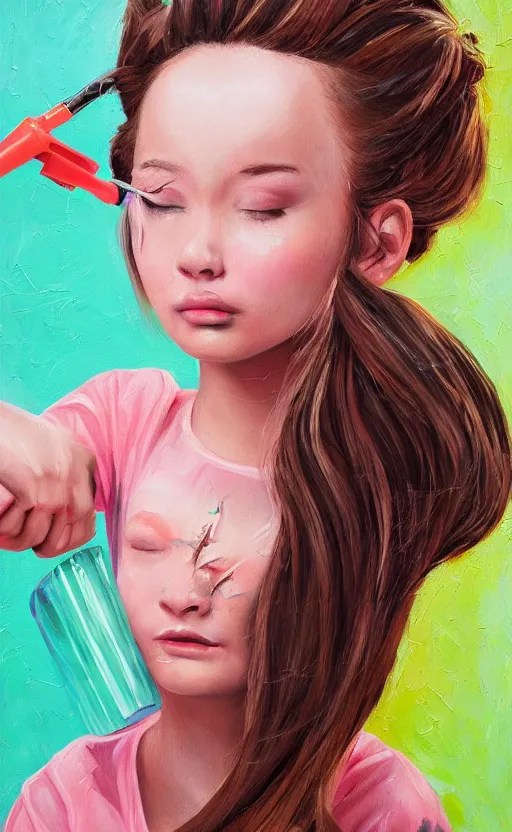 Prompt: beautiful detailed painting of a girl getting her hair stuck in a blender. vibrant, high quality, very funny, beautiful, hq. hd. 4 k. award winning. trending on artstation