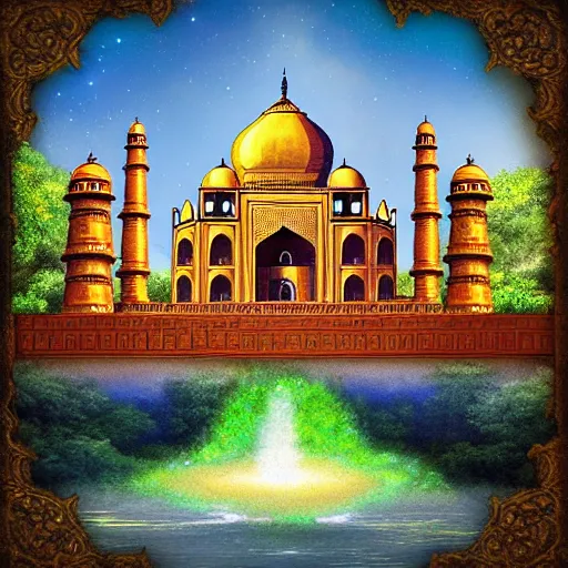 Prompt: ancient india with ornate temples, waterfalls, and fireflies. digital art, 2 0 9 9