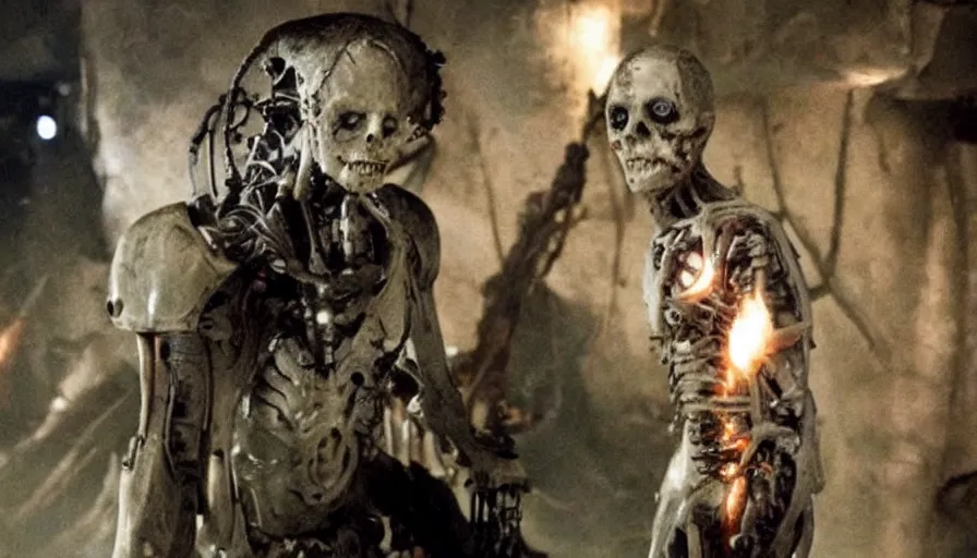Prompt: a movie by Ridley Scott showing a necromancer raises a cyborg zombie from the grave