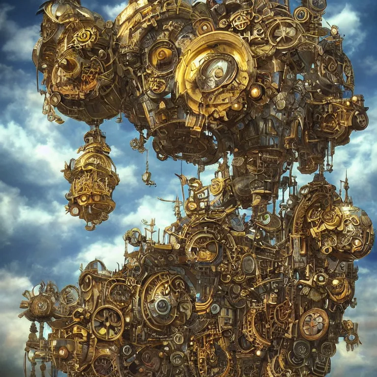 Image similar to flying city in a mechanical flower, sky!, fantasy art, steampunk, masterpiece, behrens style