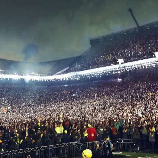 Prompt: cristiano ronaldo kick a fire ball to the sky in a stadium with a lot of person, photorealistic, night