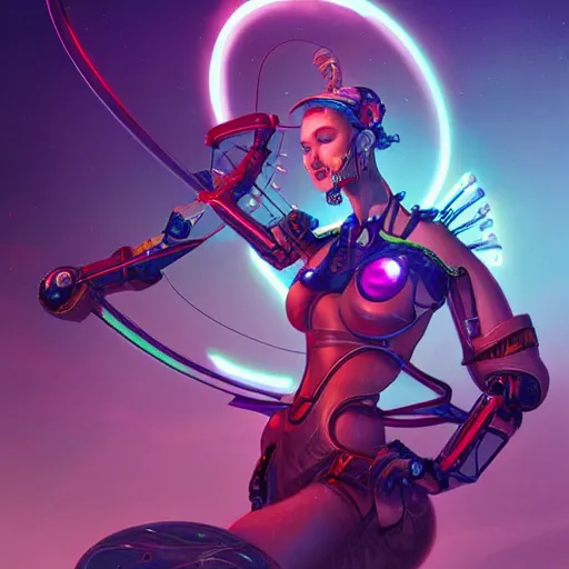 Image similar to portrait of an astonishing beautiful futuristic robot archer, glowing neon bow, realistic, artgerm and peter mohrbacher style, 4k