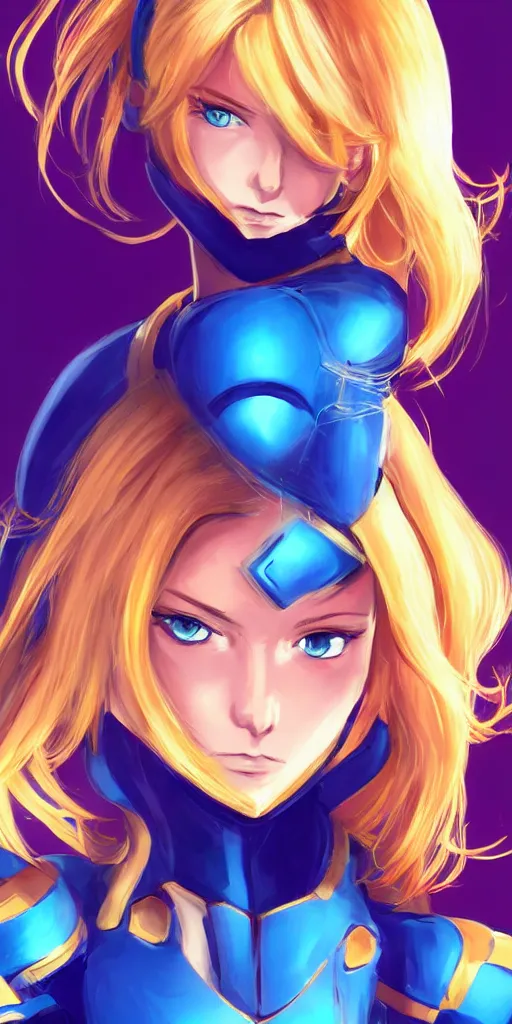 Image similar to Zero Suit Queens Gambit Samus, beautiful soft human features, blonde hair cut in a bob, striking blue eyes, anime cartoon style, Blue armor, artstation, rossdraws