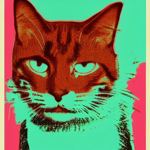 Prompt: a screen print of a cat by Andy Warhol