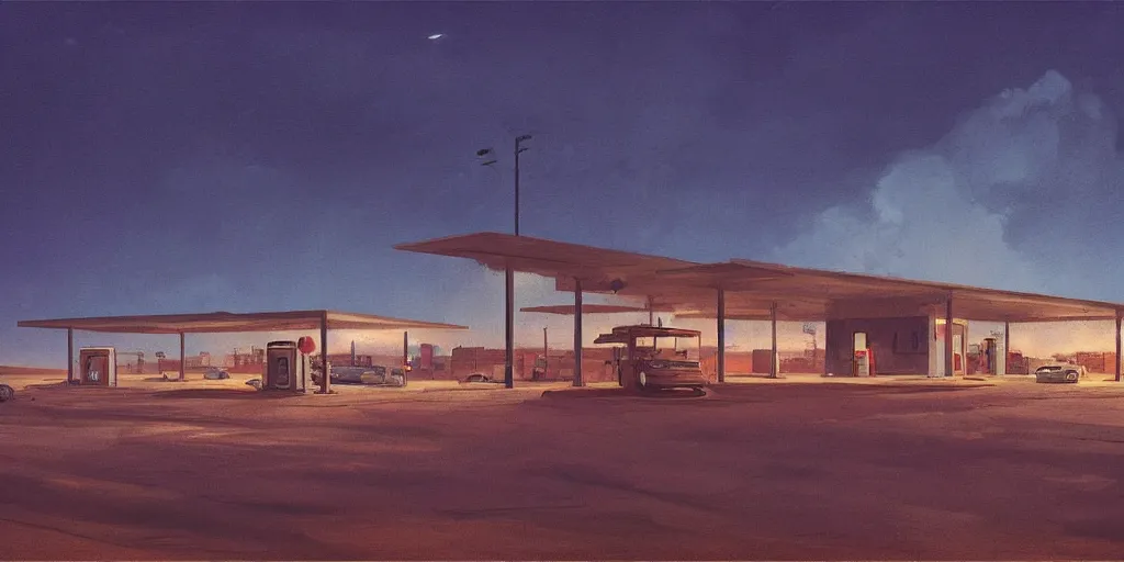 Prompt: A gas station in the desert at night, creepy and dramatic atmosphere, digital art by Greg Rutkowski and Studio Ghibli and Edward Hopper