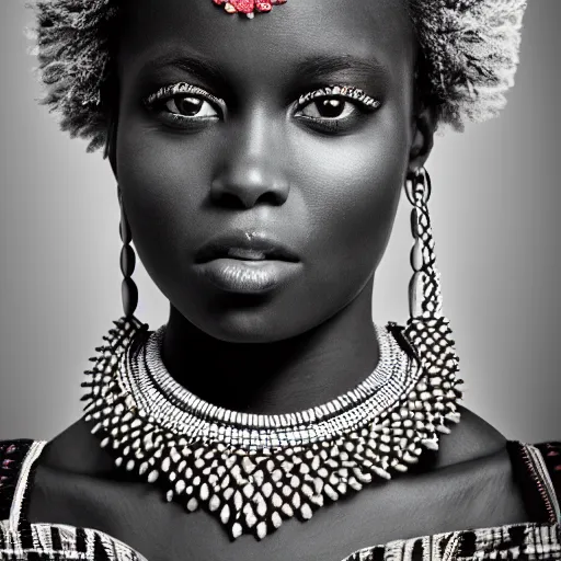 Image similar to vintage portrait of a stunningly beautiful west african tribal female, depth of field, zeiss lens, detailed, symmetrical, centered, fashion photoshoot, by edward s curtis, Annie Leibovitz and Steve McCurry, David Lazar, Jimmy Nelsson, Breathtaking, 8k resolution, extremely detailed, beautiful, establishing shot, artistic, hyperrealistic, beautiful face, octane render