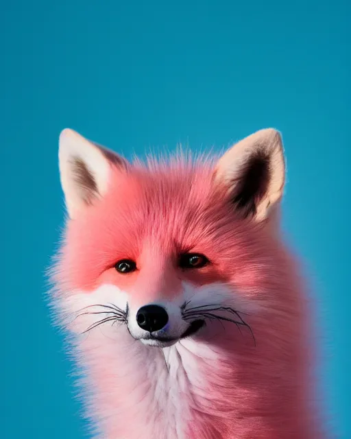 Image similar to pink fluffy fox, portrait, blue background, 8 k, 8 5 mm f 1. 8