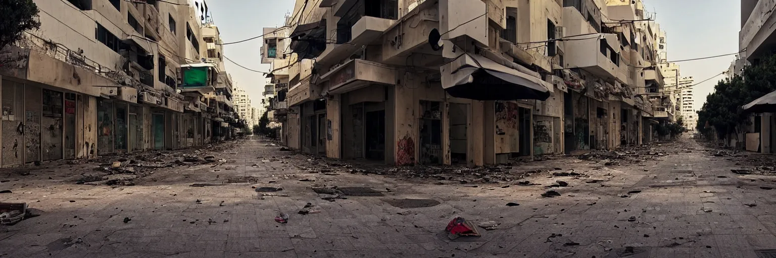 Image similar to sad and disturbing photo of the empty streets of tel aviv, israel, rotting, summer, morning, vivid colors, neon, art by gregory crewdson and artgerm and wlop and william - adolphe bouguereau