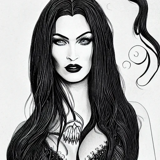 Image similar to impossibly detailed & intricate illustration portrait of megan fox as morticia addams as the vampire queen, colored, by josh kirby, super refined, 8 k, detailed line work