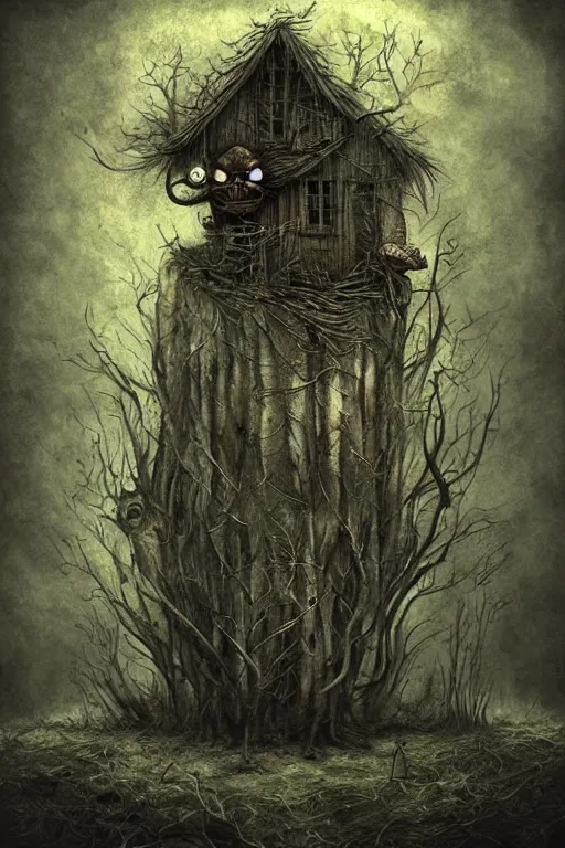 Image similar to Babà Yaga in the style of Anton Semenov, horror, dark, Digital art, realistic painting, very detailed, High definition