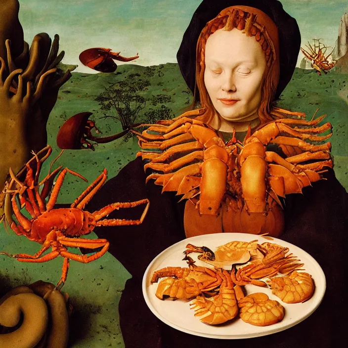 Prompt: a closeup portrait of a horned woman, holding a plate of weird cookies, lobster cookie, shrimp cookie, jellyfish cookie, by jan van eyck