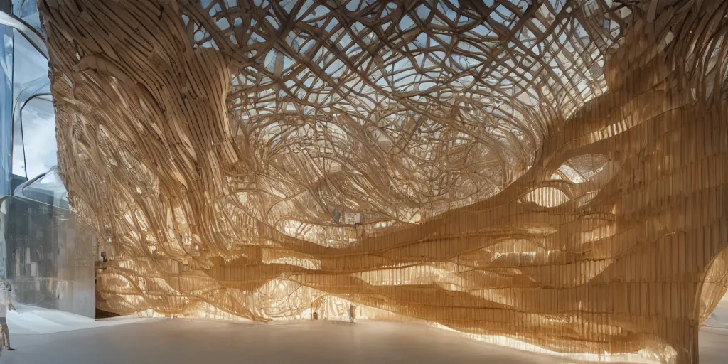 Prompt: a beautiful futuristic museum made out of translucent wood