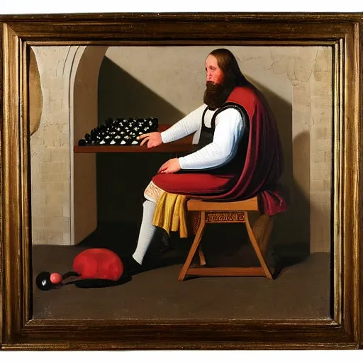 Prompt: portrait painting of a medieval King playing chess by George Stubbs, oil painting, old master, masterpiece