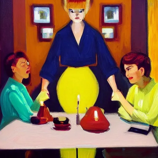 Image similar to by michael malm electric yellow, powerpuff girls. a computer art of two people, a man & a woman, sitting at a table. the man is looking at the woman with interest. the woman is not interested in him. there is a lamp on the table between them.