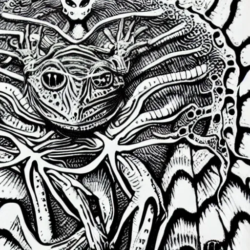 Image similar to closeup of an adorable, eldritch frog abomination of unimaginable horror by h. r. giger and junji ito, speculative evolution, op art with big bold patterns