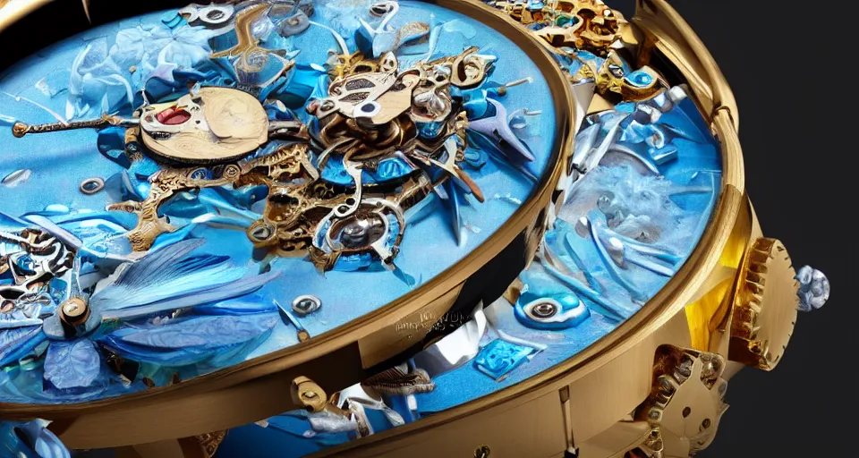 Image similar to a steampunk sleek, jewelled, tropical bird repeater watch by Jaquet Droz, highly detailed illustration highlights, gold and silver highlights, neon blue highlights, macro photography, F/2.8, trending on artstation, octane render