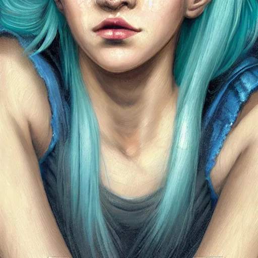 Image similar to epic portrait an punk woman with blue hair and a white tank top, beauty, pretty face, glossy skin, digital painting, artstation, concept art, soft light, hdri, smooth, sharp focus, illustration, fantasy, intricate, elegant, highly detailed, D&D, matte painting, in the style of Greg Rutkowski and Alphonse Mucha and artemisia, 8k, highly detailed, jurgens, rutkowski, bouguereau, pastoral, rustic, georgic, detailed concept art, illustration, colorful pastel, painting, detail, ultra detailed, digital art, 4K,