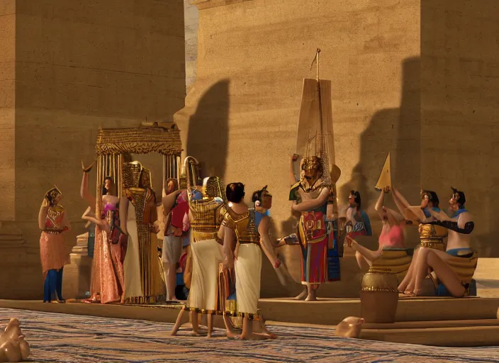 Prompt: Queen Cleopatra raises her hand to greet the crowds of the Egyptian people in front of her in a great pharaonic ceremony. In the background are sober Pharaonic temples with delicate inscriptions, and in the background the girls playing the golden harp, V-Ray, 8K, HD, fine details octane render