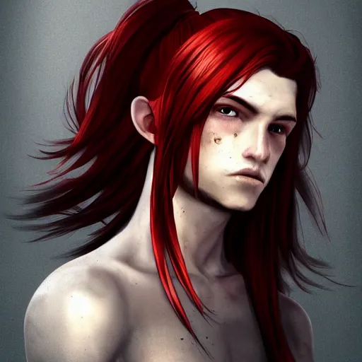 Prompt: portrait, 30 years old man :: red hair ponytail :: burned face :: high detail, digital art, RPG, concept art, illustration, Deviantart