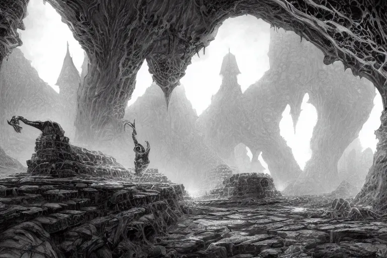 Prompt: black and white drawing point perspective fantasy dungeon you find the motionless lair of archrain, the precise ghost-minotaur,by artgerm and Craig Mullins, James Jean, Andrey Ryabovichev, Mark Simonetti and Peter Morbacher 16k