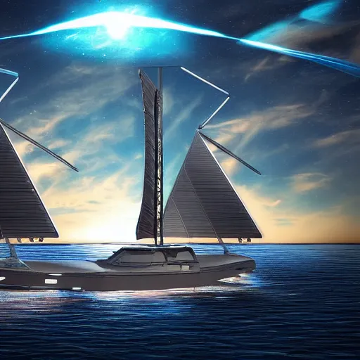 Image similar to marvel comic style, futuristic sail ship with solar panel sails mid-journey, robot sailors, HDR, 8k, digital art