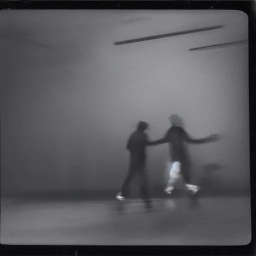 Prompt: There are two young male shadowy figures on a stage, motion blur, polaroid picture, black-and-white, 35mm