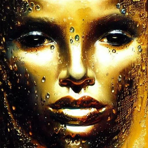 Image similar to an intricate, detailed face of an android, golden skin with water drops on it, dramatic lighting, masterpiece, John Berkey