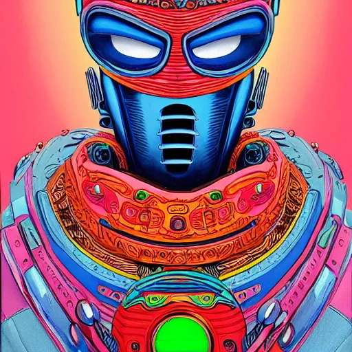 Prompt: beautiful portrait of the colorful masked humanoid android, vivid colors, intricate, highly detailed, masterful, in the style of moebius, akira toriyama, jean giraud